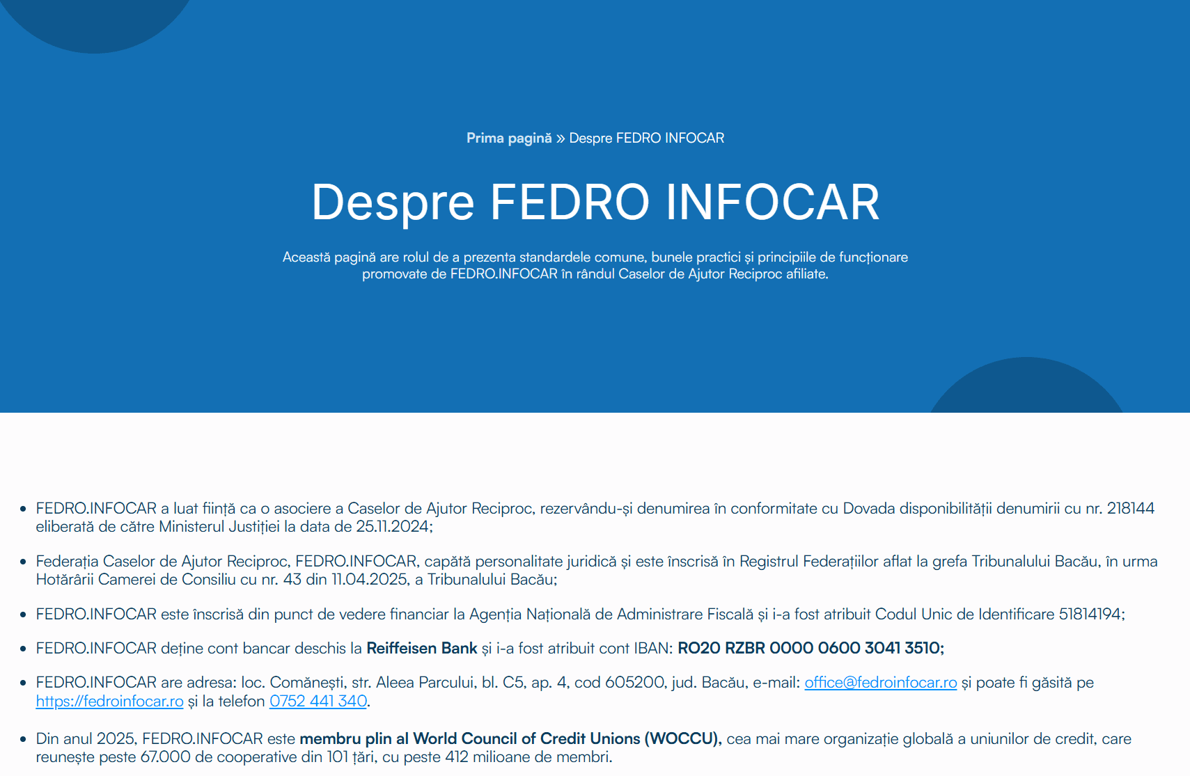 FEDRO.INFOCAR About page with legal founding details and Board of Directors
