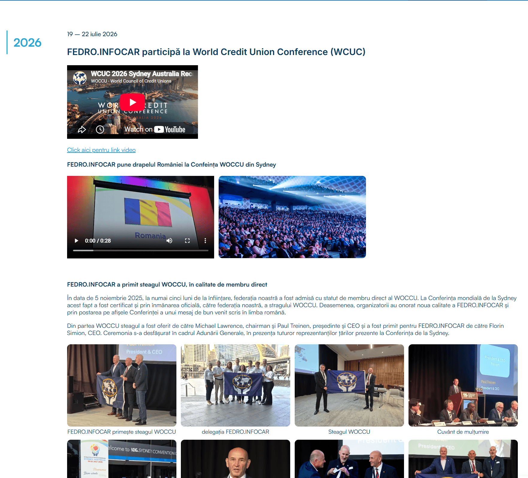 FEDRO.INFOCAR Events page with a chronological archive including the WOCCU Sydney conference